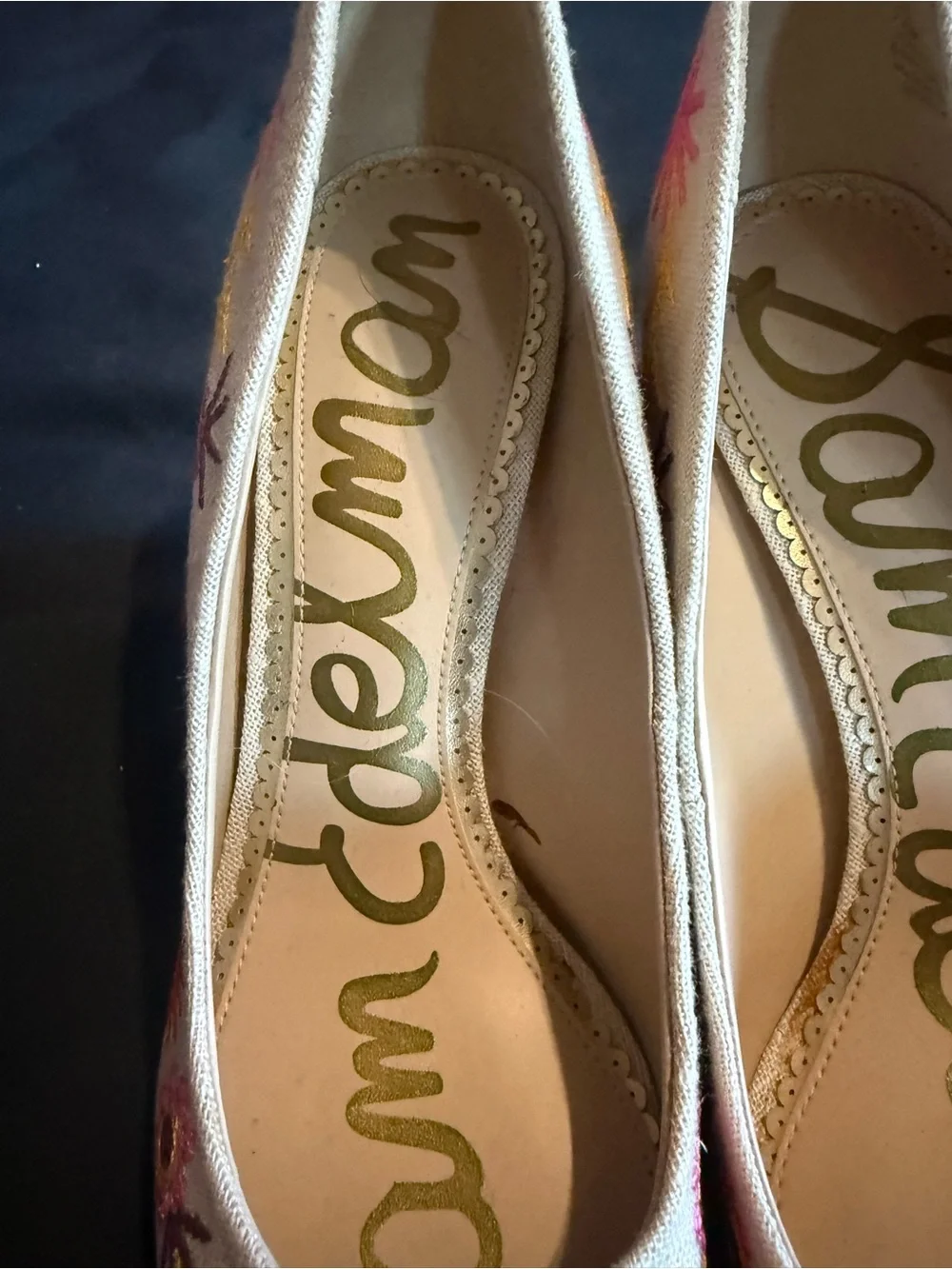 Sam Edelman Cream Pointed-Toe Heels with Pink & Orange Floral Embroidery